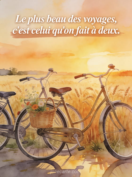 Deux vélos anciens garés devant un champ de blé doré au coucher du soleil avec panier de fleurs sauvages