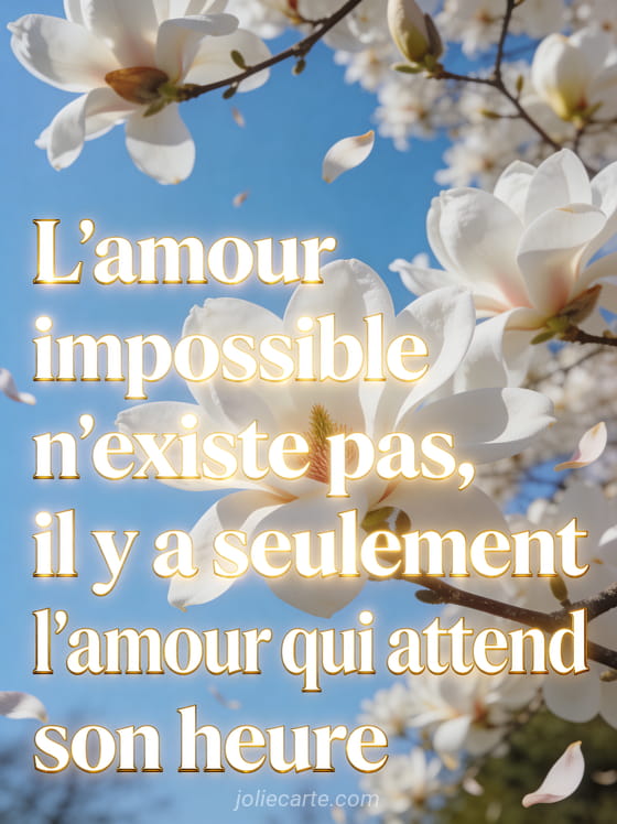 Magnolia blanc en pleine floraison sous un ciel bleu avec des pétales tombant doucement dans une lumière chaude avec le texte L'amour impossible n'existe pas il y a seulement l'amour qui attend son heure