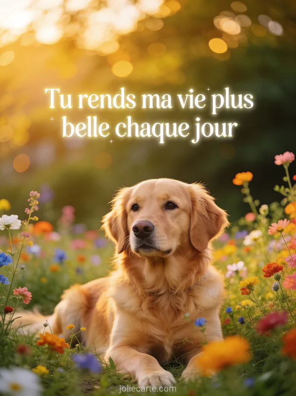 Chien golden retriever couché dans un champ de fleurs sauvages colorées avec lumière chaude dorée