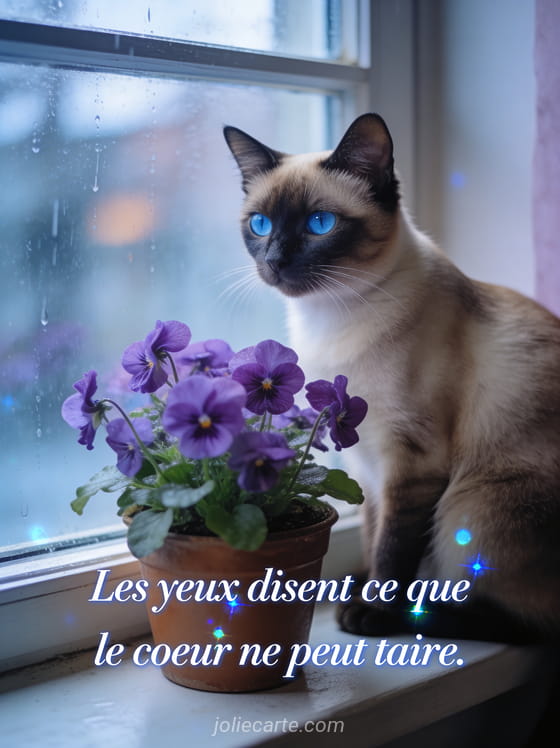 Chat siamois aux yeux bleus intenses posé sur un rebord de fenêtre avec des violettes et reflets de pluie