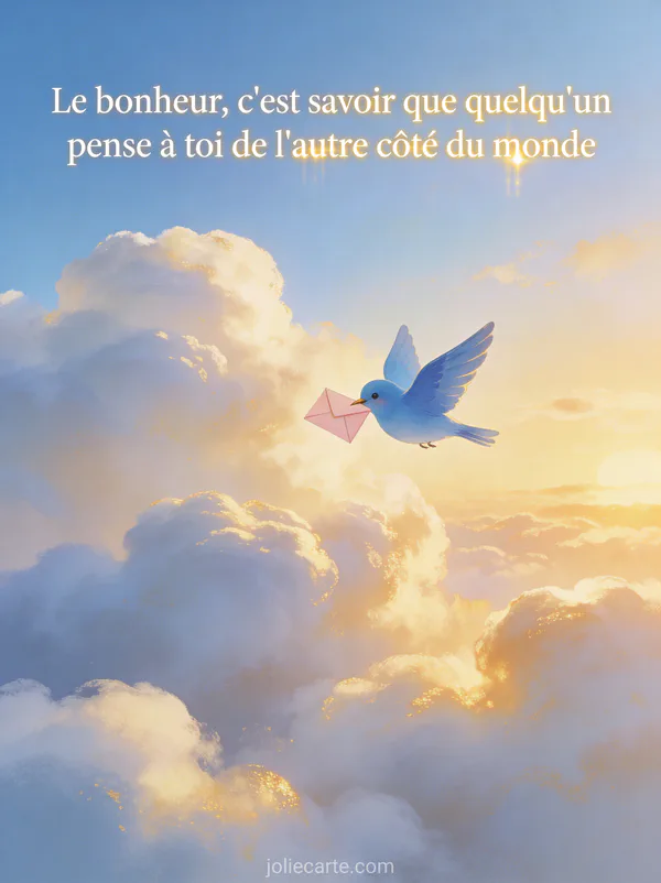 Illustration d'un petit oiseau bleu portant une enveloppe rose dans son bec en volant au-dessus de nuages dorés avec le texte Le bonheur c'est savoir que quelqu'un pense à toi