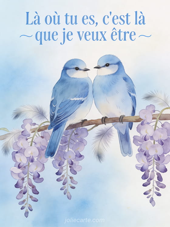 Deux mésanges bleues posées côte à côte sur une branche de glycine mauve en cascade