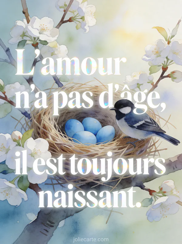 Nid d'oiseau avec des œufs bleus parmi des branches de pommier en fleurs blanches avec mésange charbonnière