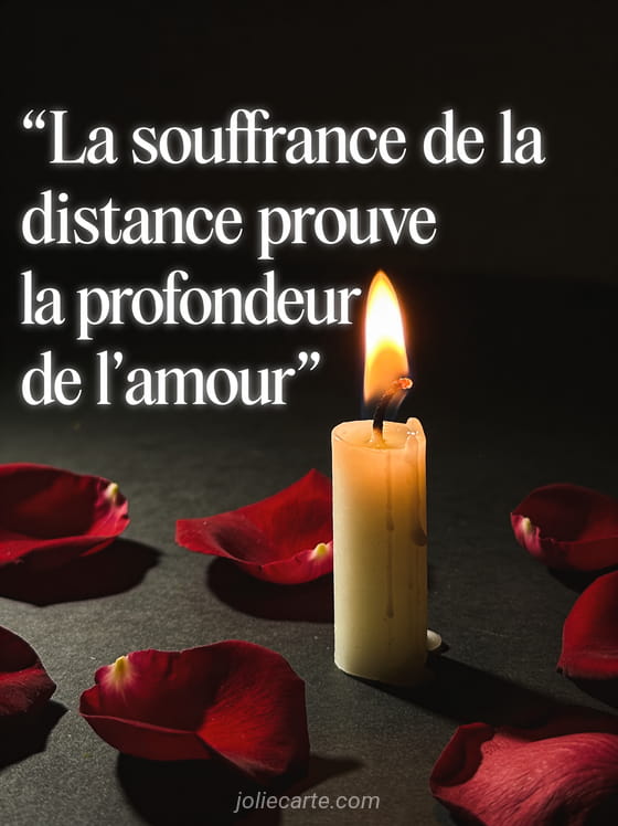 Bougie allumée solitaire avec des pétales de rose rouge foncé éparpillés sur une surface sombre en clair-obscur avec le texte La souffrance de la distance prouve la profondeur de l'amour