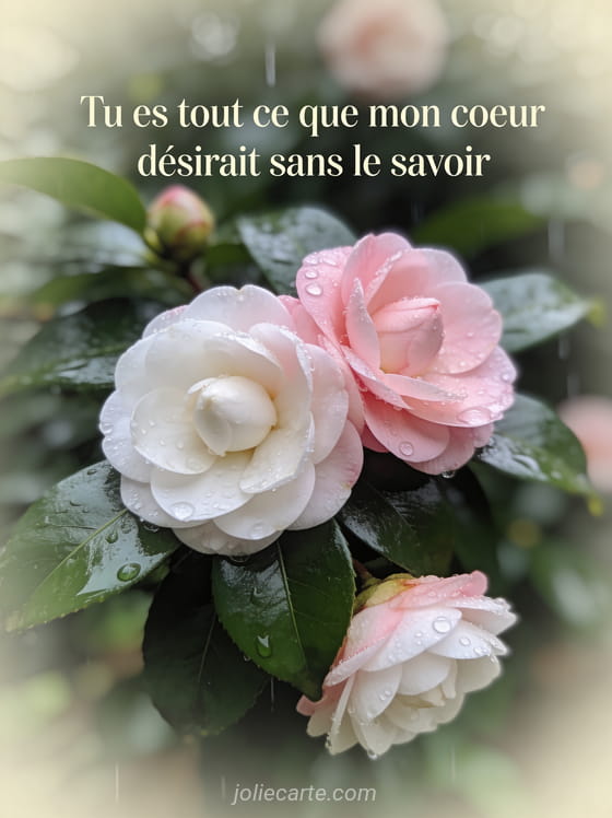 Camélias roses et blancs en gros plan avec gouttes de pluie sur les pétales et feuillage vert sombre