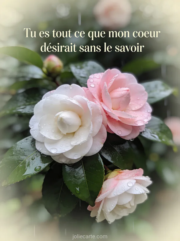 Camélias roses et blancs en gros plan avec gouttes de pluie sur les pétales et feuillage vert sombre