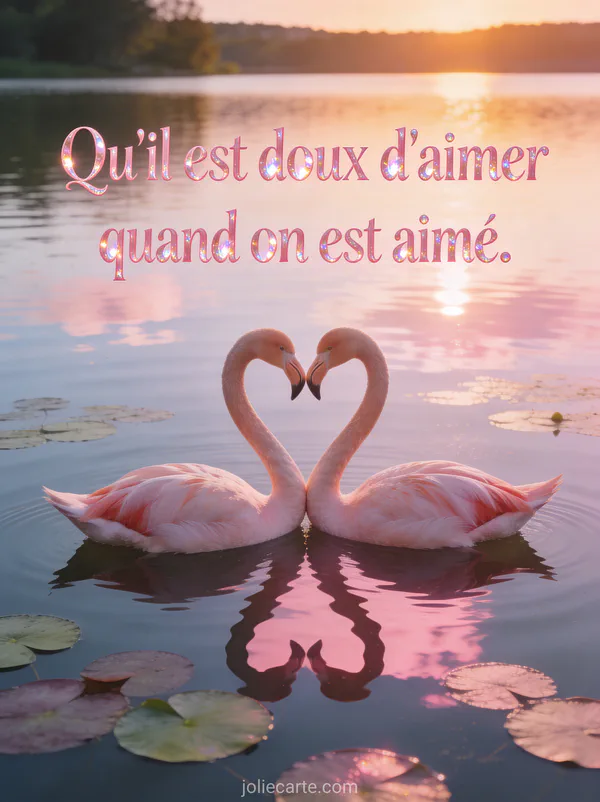 Couple de flamants roses formant un cœur avec leurs cous sur un lac calme au crépuscule avec nénuphars