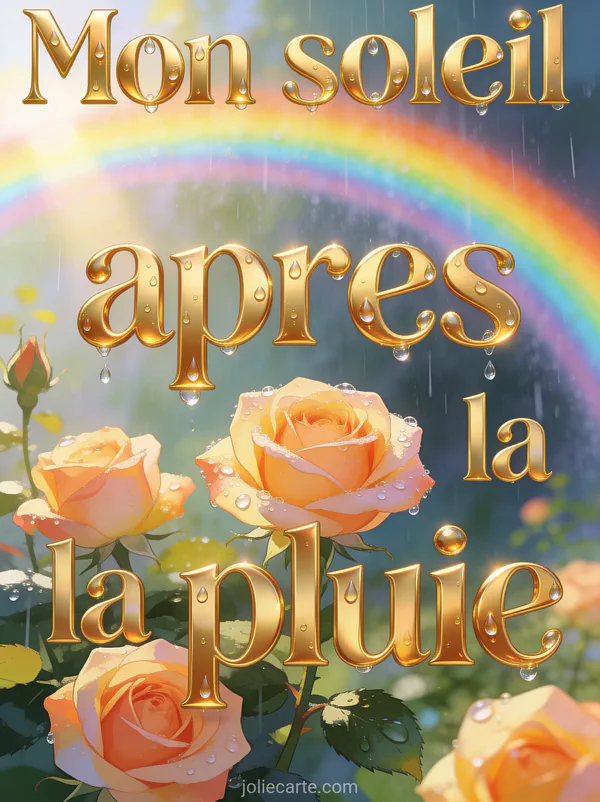 Arc-en-ciel vibrant dans un ciel après l'orage avec prairie de fleurs scintillantes sous les rayons de soleil