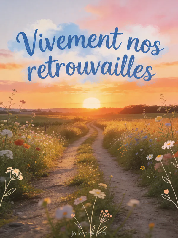 Illustration de deux papillons monarques volant l'un vers l'autre au-dessus d'un champ de renoncules jaunes et orangées au coucher du soleil avec le texte Chaque jour de distance nous rapproche de nos retrouvailles