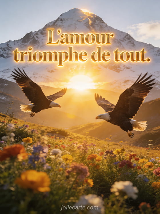 Lever de soleil éclatant derrière une montagne enneigée avec vallée de fleurs sauvages et aigles en vol