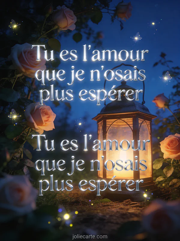 Lanterne ancienne allumée dans un jardin de nuit avec roses grimpantes et lucioles scintillantes