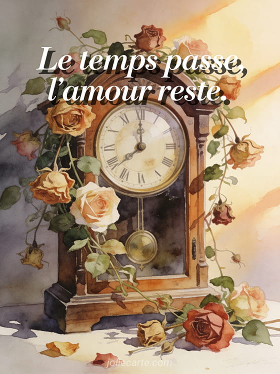 Vieille horloge de grand-père décorée de roses grimpantes séchées et fraîches en lumière chaude dorée