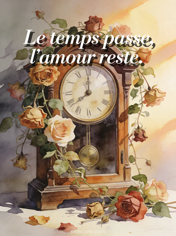 Vieille horloge de grand-père décorée de roses grimpantes séchées et fraîches en lumière chaude dorée