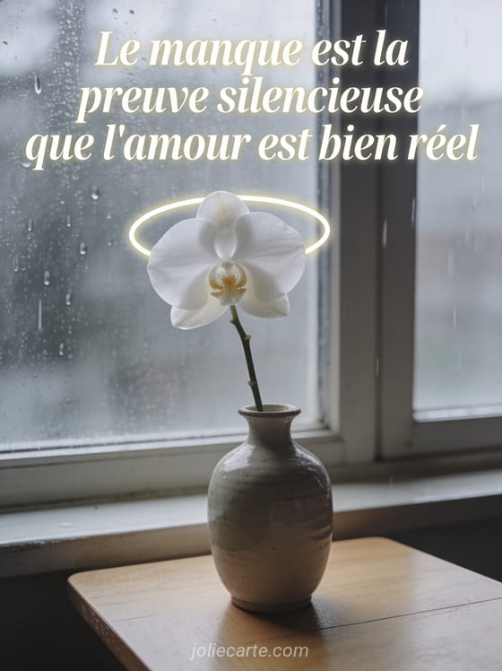 Orchidée blanche solitaire dans un vase en céramique près d'une fenêtre avec des gouttes de pluie sur la vitre avec le texte Le manque est la preuve silencieuse que l'amour est bien réel