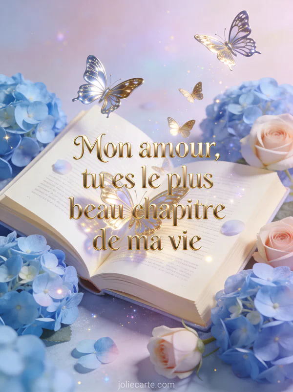 Livre ouvert dont les pages se transforment en papillons dorés avec hortensias bleus et roses