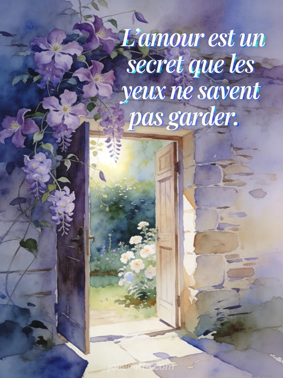 Jardin secret derrière un vieux mur de pierre avec porte entrouverte et clématites violettes grimpantes