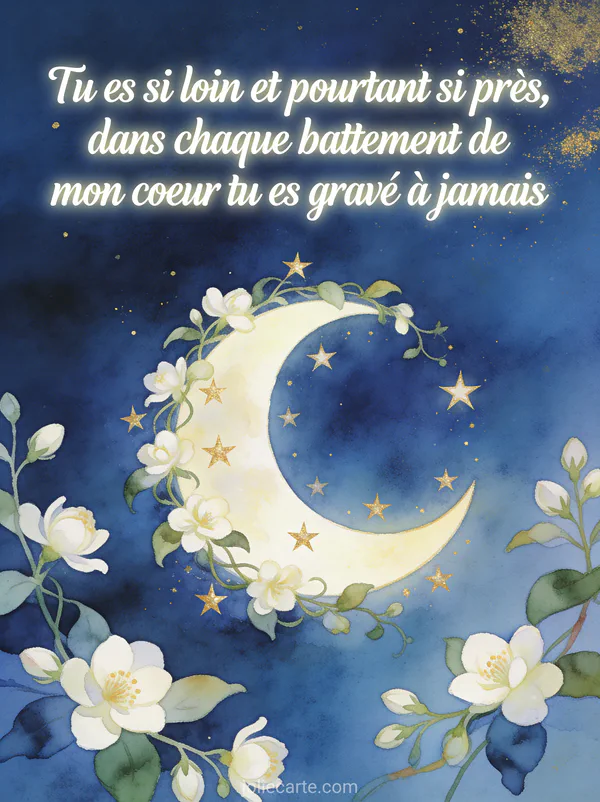 Illustration aquarelle d'un croissant de lune entouré d'étoiles dorées et de fleurs de jasmin sur fond bleu nuit avec le texte Tu es si loin et pourtant si près
