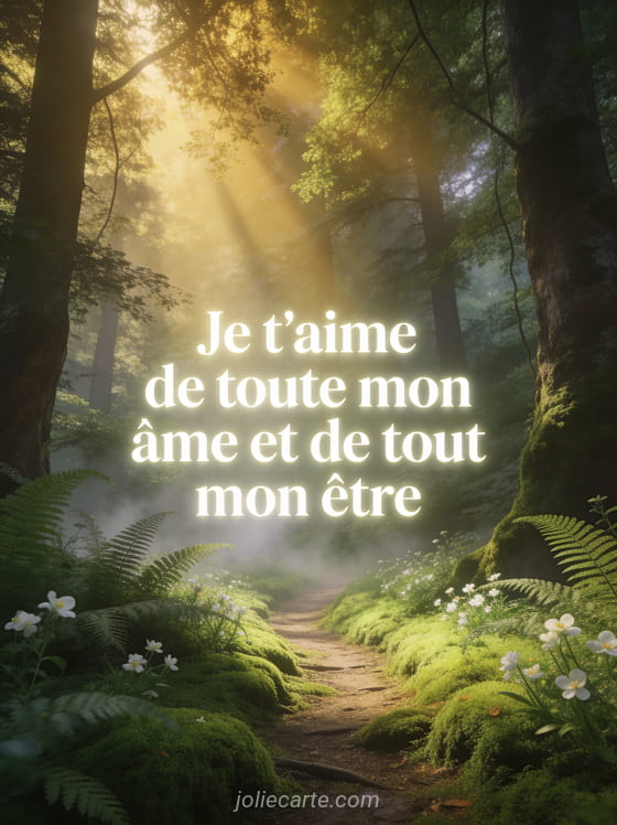 Forêt enchantée avec sentier couvert de mousse verte et rayons de lumière dorée filtrant à travers la canopée