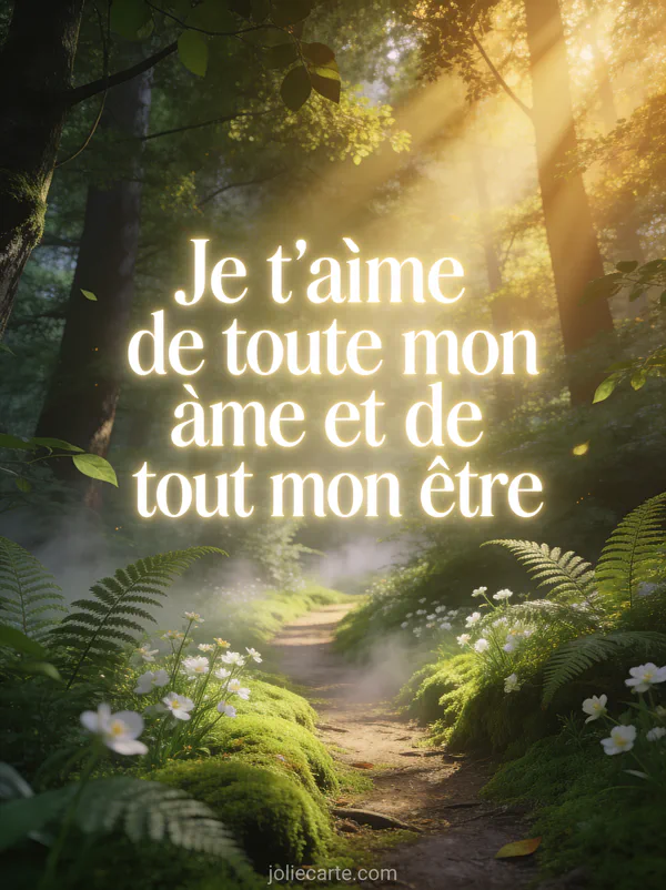 Forêt enchantée avec sentier couvert de mousse verte et rayons de lumière dorée filtrant à travers la canopée