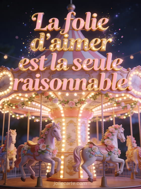 Carrousel ancien illuminé de nuit avec chevaux décorés de fleurs et guirlandes lumineuses féeriques