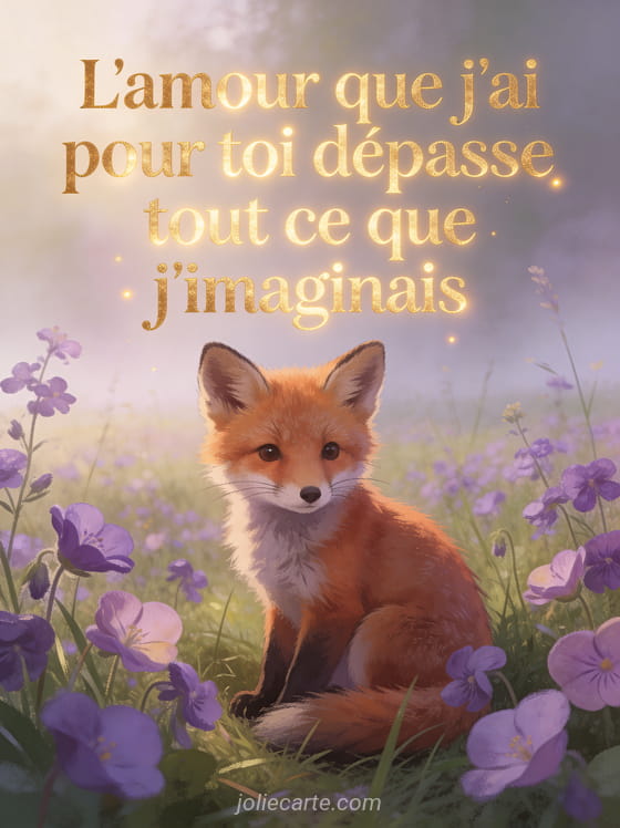Petit renard roux adorable assis dans un pré de violettes et pervenches avec lumière douce matinale