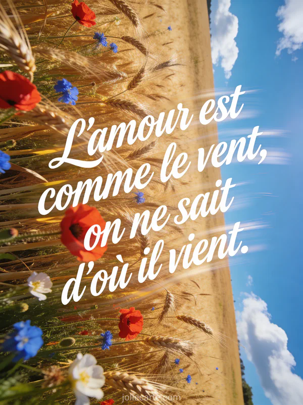 Champ de blé doré ondulant sous le vent avec coquelicots rouges et bleuets sous un ciel bleu vif