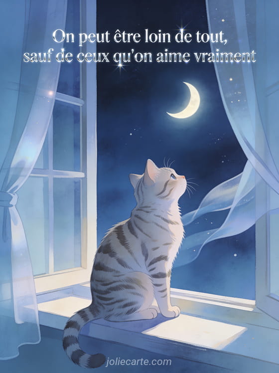 Illustration d'un chat tigré assis sur un rebord de fenêtre regardant un croissant de lune avec des rideaux flottant dans la brise nocturne avec le texte On peut être loin de tout sauf de ceux qu'on aime vraiment