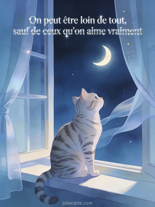Illustration d'un chat tigré assis sur un rebord de fenêtre regardant un croissant de lune avec des rideaux flottant dans la brise nocturne avec le texte On peut être loin de tout sauf de ceux qu'on aime vraiment