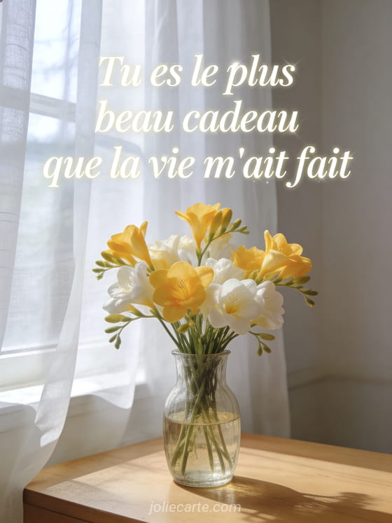 Bouquet de freesias jaunes et blancs dans un vase en verre avec lumière naturelle douce et rideau blanc