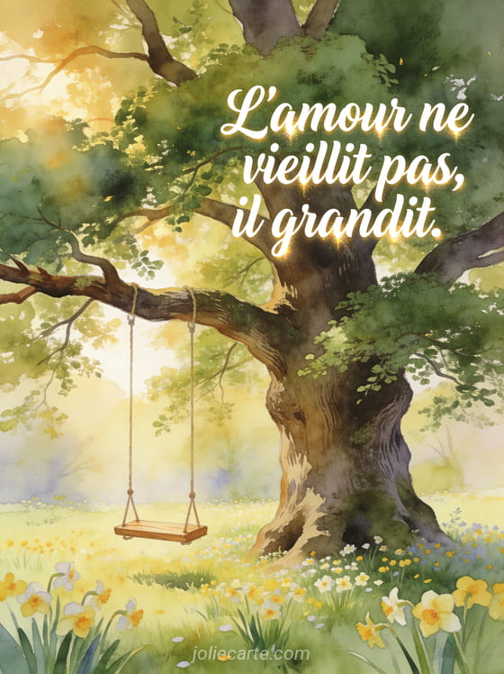 Vieux chêne majestueux aux feuilles vertes dans un pré de pâquerettes avec balançoire en bois accrochée