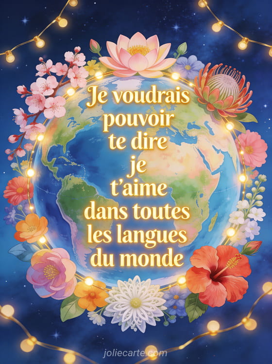 Globe terrestre stylisé entouré de fleurs du monde cerisier lotus hibiscus avec guirlande lumineuse