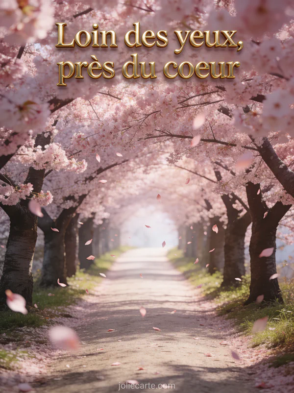 Allée bordée de cerisiers en fleurs roses formant un tunnel naturel avec des pétales tombant dans une lumière printanière avec le texte Loin des yeux près du cœur