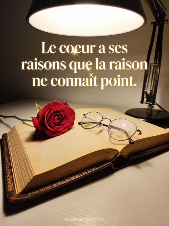 Rose rouge ouverte posée sur un livre ancien relié de cuir avec lunettes de lecture en lumière tamisée