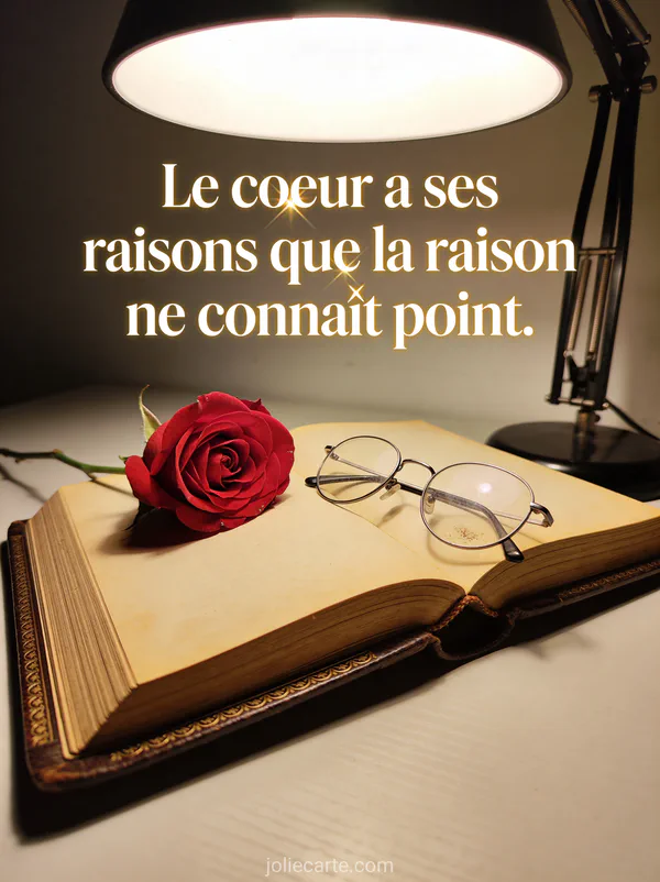 Rose rouge ouverte posée sur un livre ancien relié de cuir avec lunettes de lecture en lumière tamisée