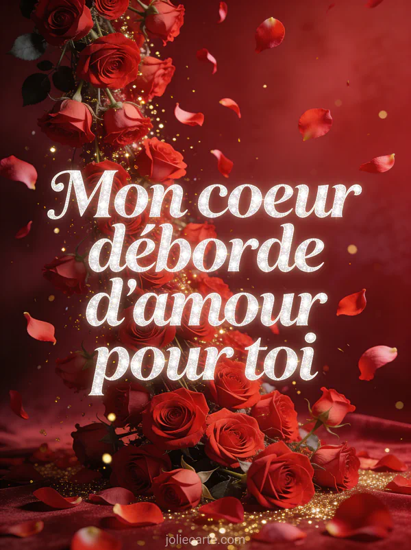 Cascade de roses rouges et roses tombant en pluie de pétales avec particules dorées scintillantes