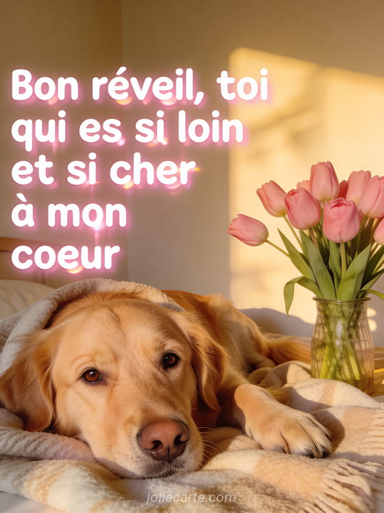 Illustration d'un chien golden retriever aux yeux doux couché sur un plaid avec des tulipes roses dans un vase et une lumière matinale dorée avec le texte Bon réveil toi qui es si loin et si cher à mon cœur