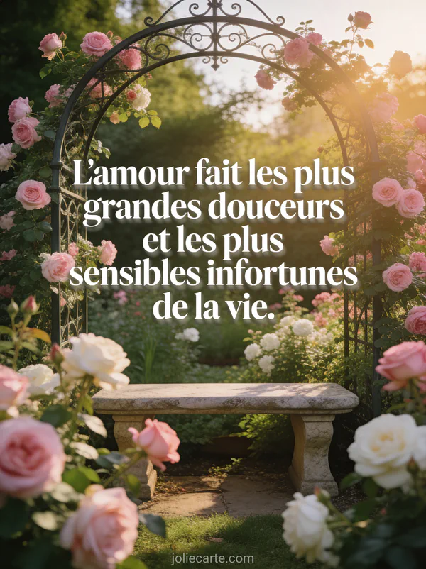 Jardin de roses anglaises en floraison roses et blanches avec tonnelle en fer forgé et banc de pierre