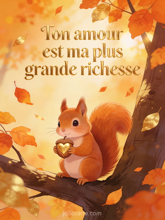 Petit écureuil roux tenant une noisette dorée en forme de cœur sur une branche en automne
