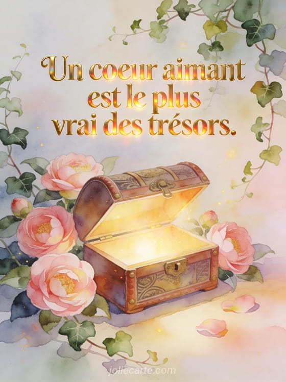 Petit coffre ancien entrouvert laissant échapper une lumière dorée entouré de camélias roses et de lierre