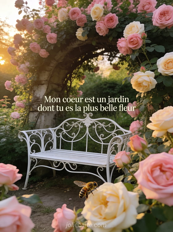Jardin anglais avec rosier ancien couvert de roses crème et banc en fer forgé blanc dans lumière dorée