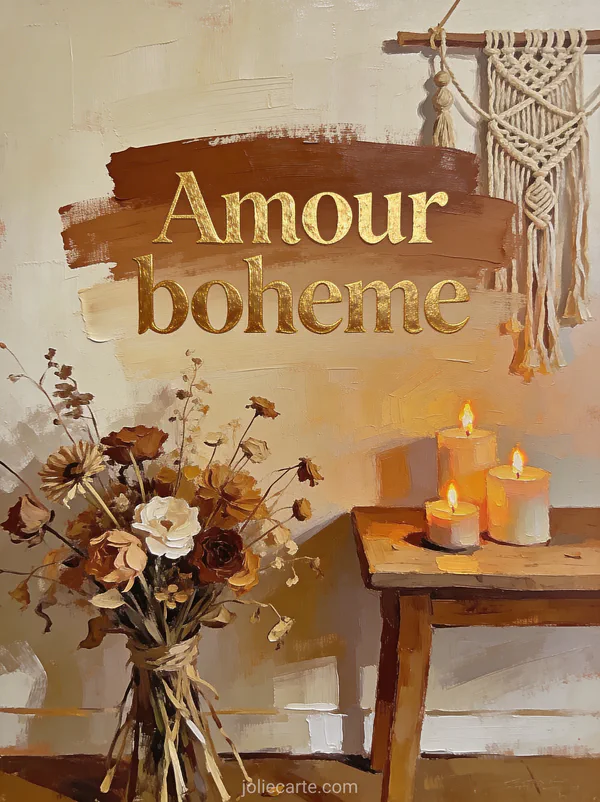 Roulotte bohème colorée dans un pré fleuri de coquelicots et marguerites avec guitare posée contre la roue