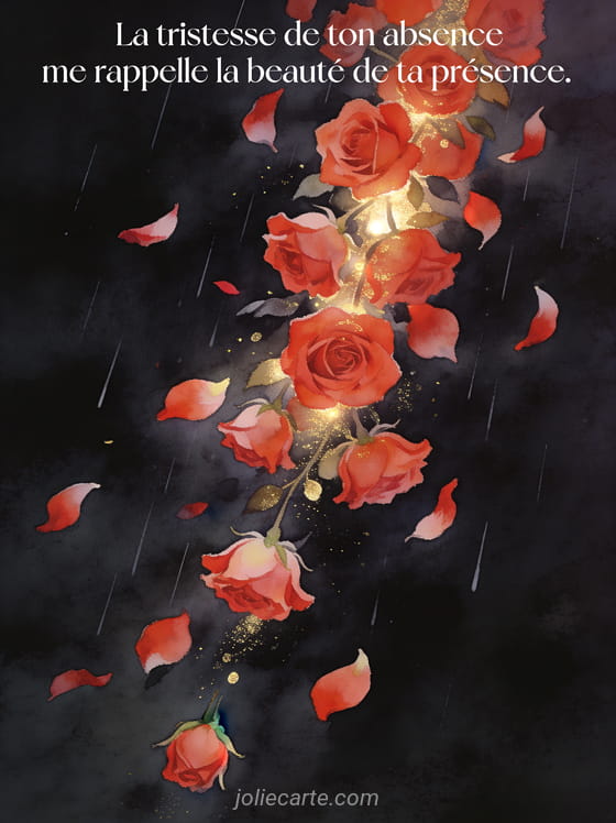 Illustration aquarelle de pluie de pétales de roses rouges et roses tombant sur un fond sombre avec des touches de lumière dorée et le texte La tristesse de ton absence me rappelle la beauté de ta présence