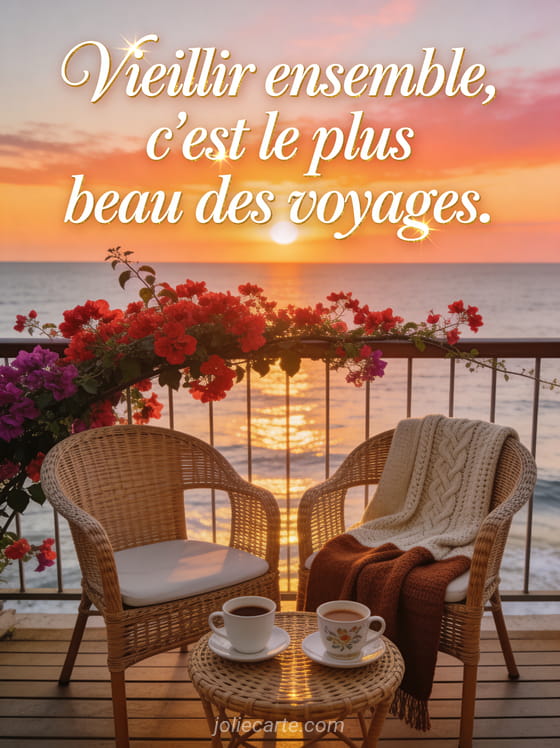Deux fauteuils en rotin sur une terrasse face à la mer au coucher du soleil avec bougainvillier en fleurs