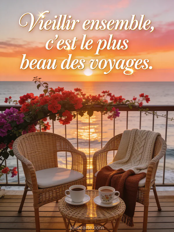 Deux fauteuils en rotin sur une terrasse face à la mer au coucher du soleil avec bougainvillier en fleurs