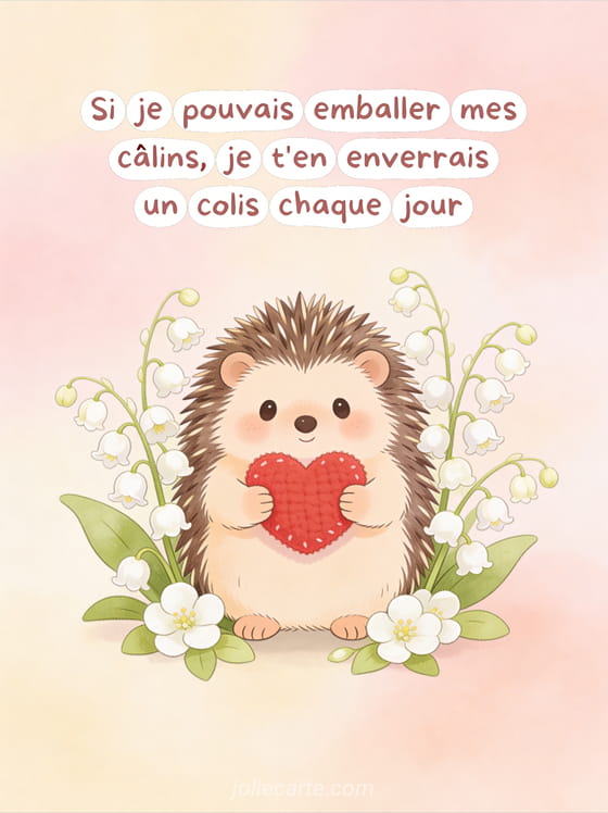 Illustration d'un petit hérisson attendrissant serrant un cœur en peluche rouge entouré de fleurs de muguet sur fond pastel avec le texte Si je pouvais emballer mes câlins