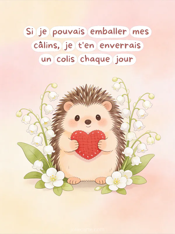 Illustration d'un petit hérisson attendrissant serrant un cœur en peluche rouge entouré de fleurs de muguet sur fond pastel avec le texte Si je pouvais emballer mes câlins
