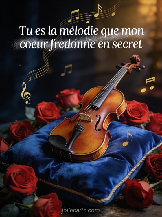 Violon ancien sur coussin de velours bleu nuit entouré de roses rouges avec notes de musique dorées
