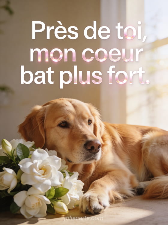 Chien golden retriever au regard tendre posé à côté d'un bouquet de gardénias blancs en lumière douce