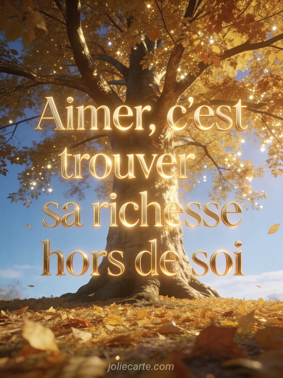 Grand arbre doré solitaire en automne aux feuilles d'or scintillantes avec tapis de feuilles dorées
