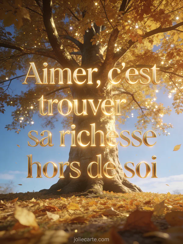 Grand arbre doré solitaire en automne aux feuilles d'or scintillantes avec tapis de feuilles dorées